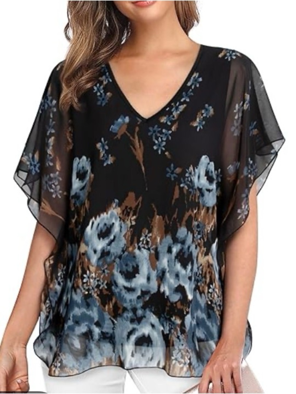 Lotusmile Women's Loose Flouncing Flutter Sleeve Double-Layered Shirt, SZ L NWT